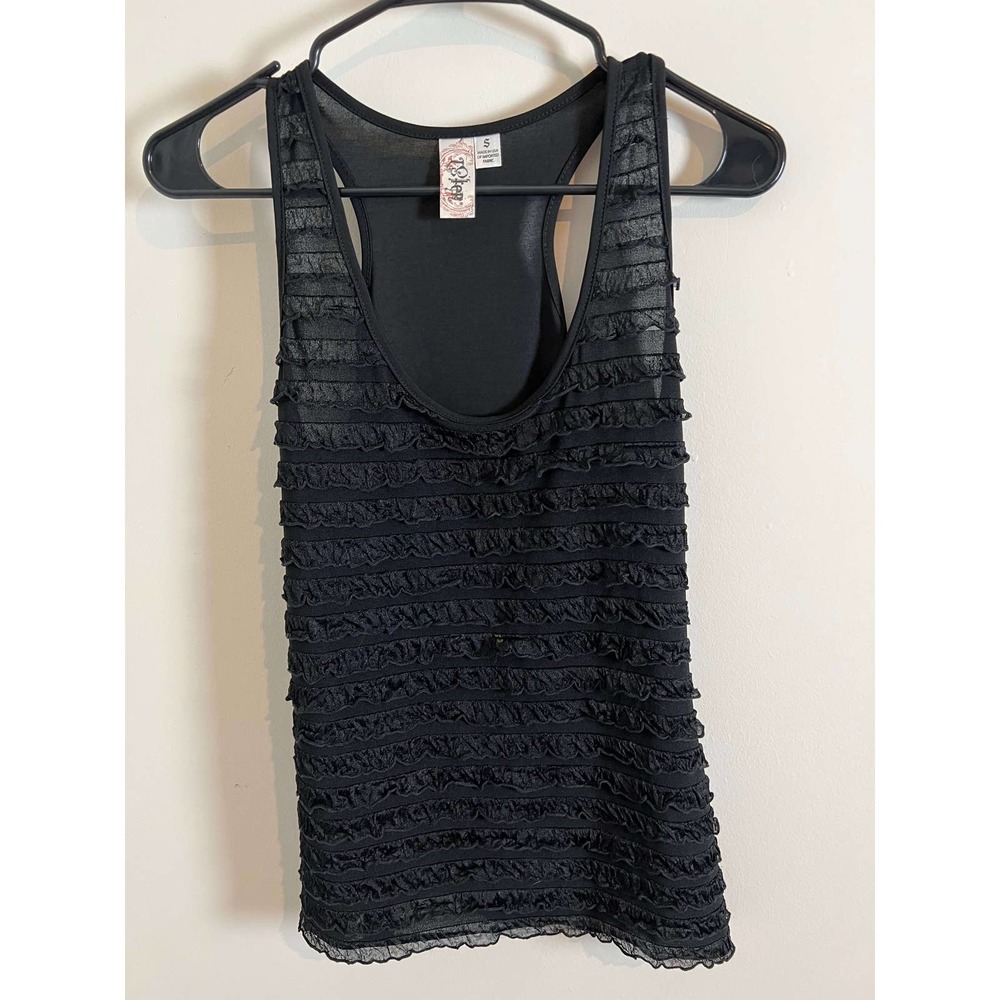 L8teR Pretty Black Lacy Mesh Ruffle Tank Top Small